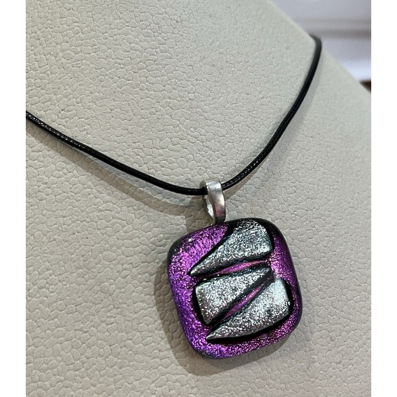 Dichroic Fused Glass Psychedelic Foil Pendant Necklace 80s’ Style 16in ~ 18in - Picture 1 of 8
